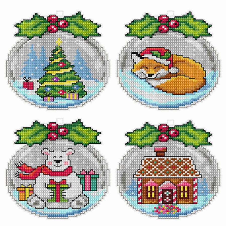 * | Crafting Spark (Wizardi) Counted Cross Stitch Kit With Plastic Canvas "Christmas Balls" Set Of 4 Designs 7678