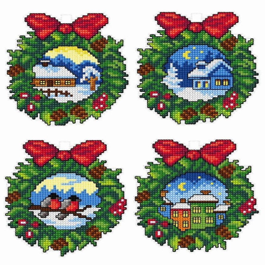 * | Crafting Spark (Wizardi) Counted Cross Stitch Kit With Plastic Canvas "Christmas Wreaths" Set Of 4 Designs 7670