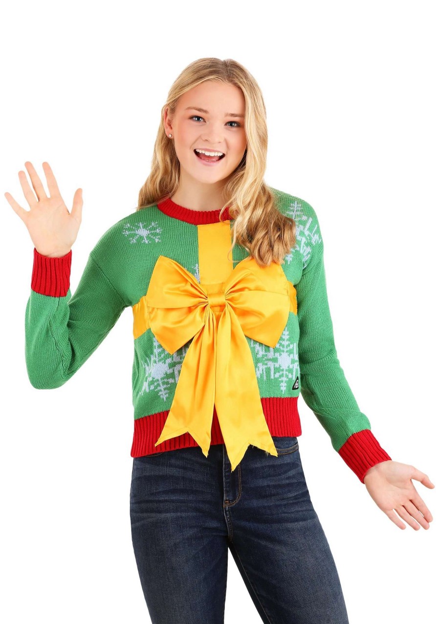 * | Christmas Gift Crop Top Juniors' Ugly Christmas Sweater